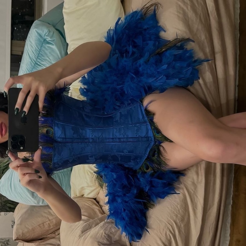 Royal Blue Peacock Feather Costume w/Feather Train - Picture 6 of 14